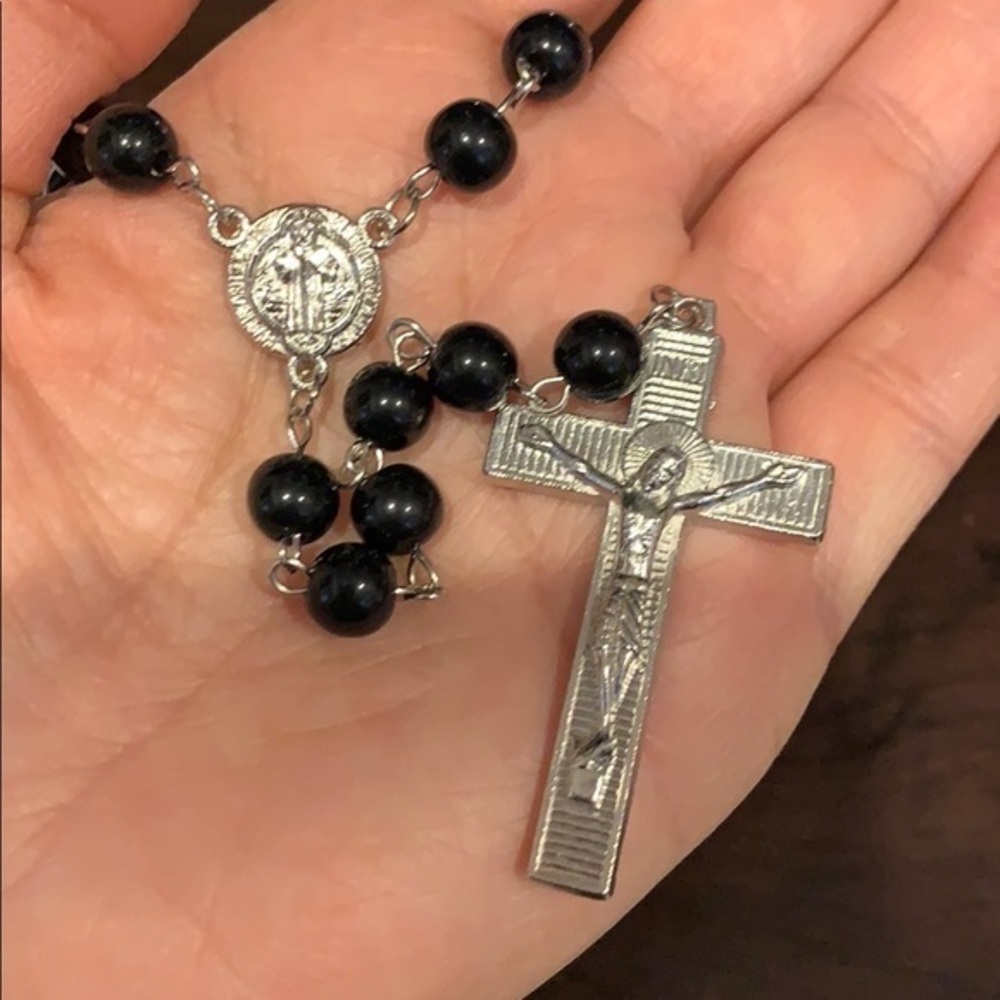 Black 7mm bead cross Rosary Jesus necklace 29”